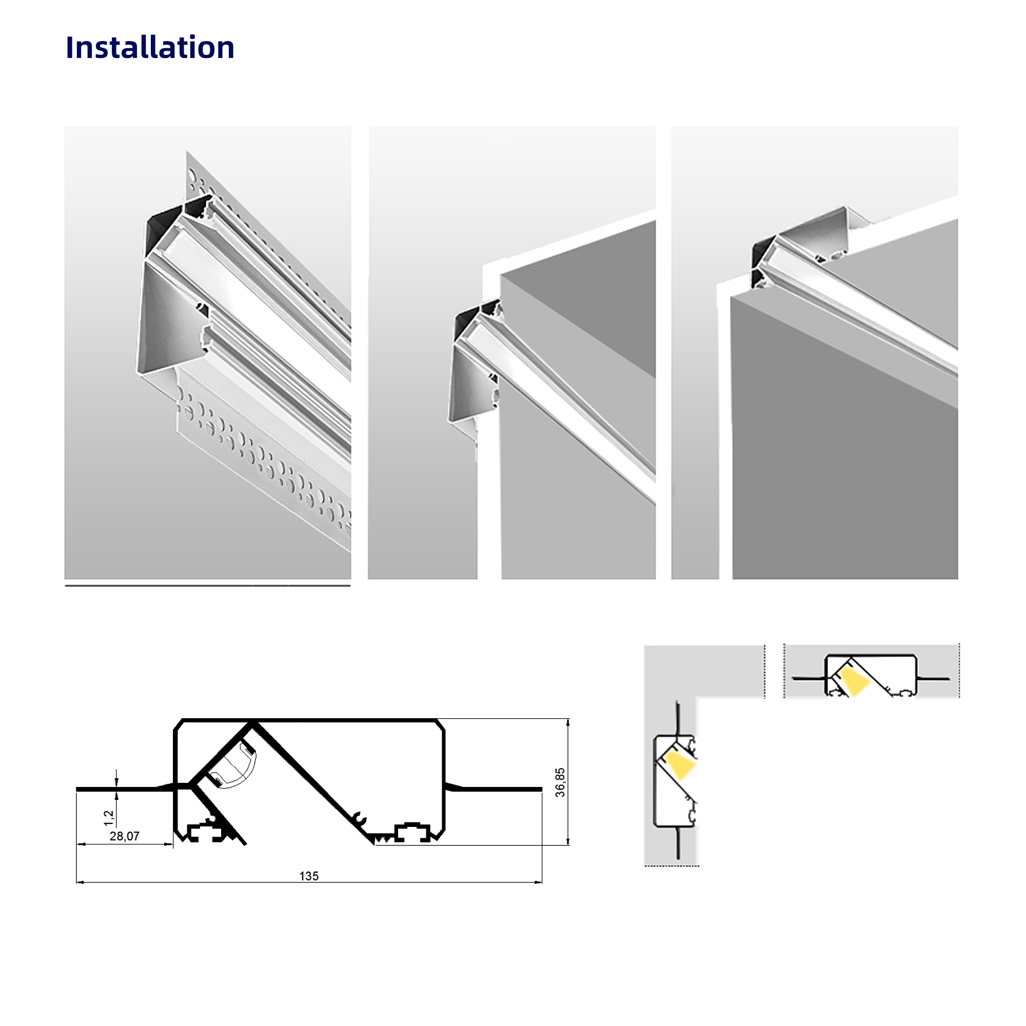 RD-135&times;36 Embedded LED Aluminium Profile 45 Degree Oblique Light For Stair Handrail Wall Washer-SANAG
