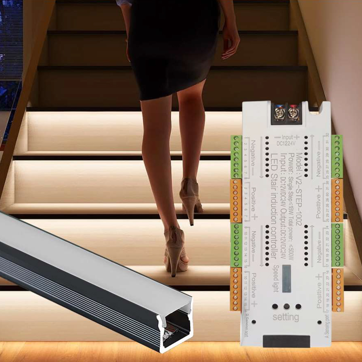 RD-SL1010-Aluminum Channel Recessed Stair LED Light Sequential Step Light Controller Kit